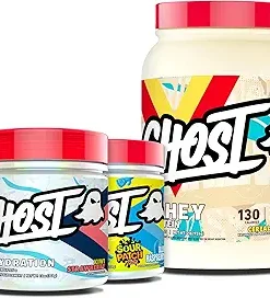 GHOST Bundles – Whey Protein Powder (Cereal Milk)- BCAA Amino Acids (Sour Patch Kids Blue Raspberry) & Hydration Electrolyte Powder (Kiwi Strawberry)