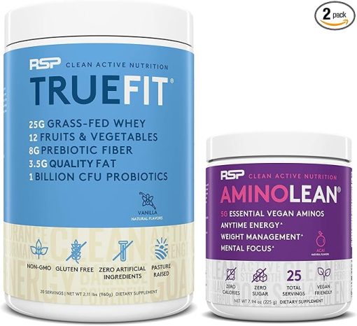 RSP NUTRITION Vegan AminoLean Pre Workout Energy (Acai 25 Servings) with TrueFit Protein Powder (Vanilla 2 LB)