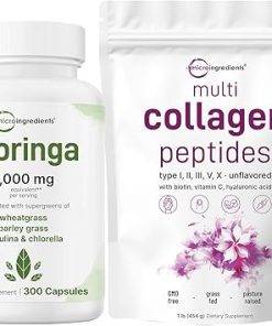 Micro Ingredients Multi Collagen Protein Powder 16oz & Moringa Oleifera 6-000mg Equivalent 300 Capsules Bundle 2 Pack | Grass-Fed Collagen Peptides | Antioxidant Supplement