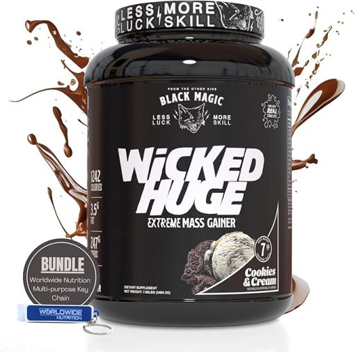 Worldwide Nutrition Bundle Compatible with Black Magic Wicked Huge - Mass Gainer Cookies and Cream Flavor for Muscle Support and Recovery- 7.68 LBS Protein Powder Supplement with Keychain