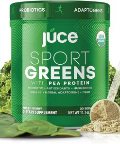 Júce SG7 Sport Greens Powder Supplement | Organic Plant Based Protein | Green Juice Powder | Probiotics | Mushrooms | Mixed Berry Flavor | 30 Servings | By Terra Kai Organics