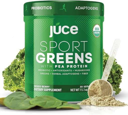 Júce SG7 Sport Greens Powder Supplement | Organic Plant Based Protein | Green Juice Powder | Probiotics | Mushrooms | Mixed Berry Flavor | 30 Servings | By Terra Kai Organics