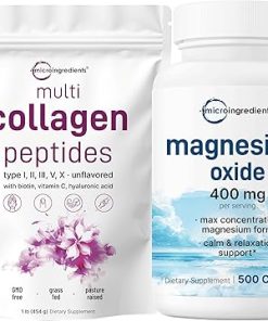 Micro Ingredients Multi Collagen Protein Powder 16oz & Magnesium Oxide 400mg Bundle Pack | Grass-Fed Collagen Peptides | Elemental Form for Max Concentration