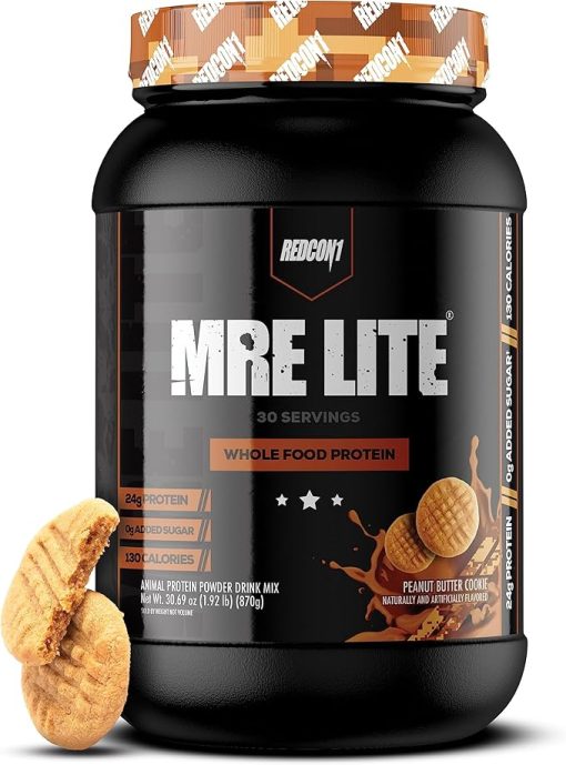 REDCON1 MRE Lite Whole Food Protein Powder- Peanut Butter Cookie - Low Carb & Whey Free Meal Replacement with Animal Protein Blends - Easy to Digest Supplement Made with MCT Oils (30 Servings)
