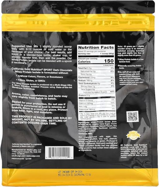 California Gold Nutrition Sport- Dark Chocolate Whey Protein Isolate - Image 2