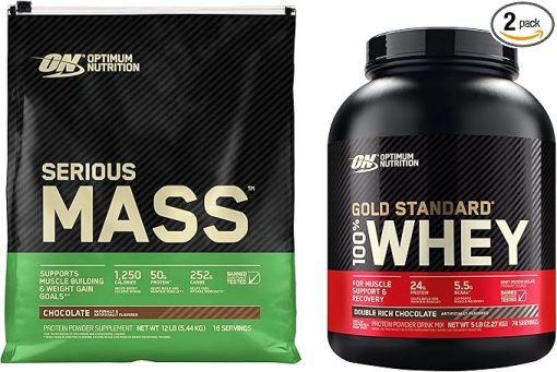 Optimum Nutrition Serious Mass Weight Gainer Protein Powder & Gold Standard 100% Whey Protein Powder- Double Rich Chocolate