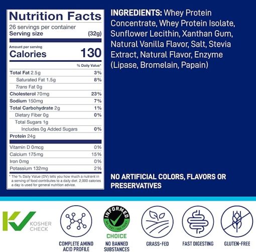 LeanFit WHEY Protein Natural Vanilla – 100% Whey Protein Powder- 24g Protein Per Serving – Grass-Fed - Image 2
