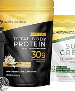 Transformation Vanilla Protein Powder- Super Greens Superfood Green Juice Powder and Performance Insulated Shaker Bottle