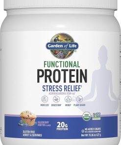 Garden of Life Functional Protein Stress Relief – 20g Organic Sprouted & Fermented Protein Blend – Blueberry Muffin- Mood Blend for Stress Management
